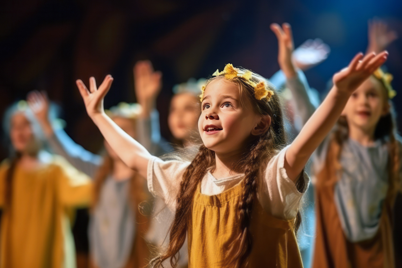 child with crown Child wearing crown with hands up playing a theatrical role