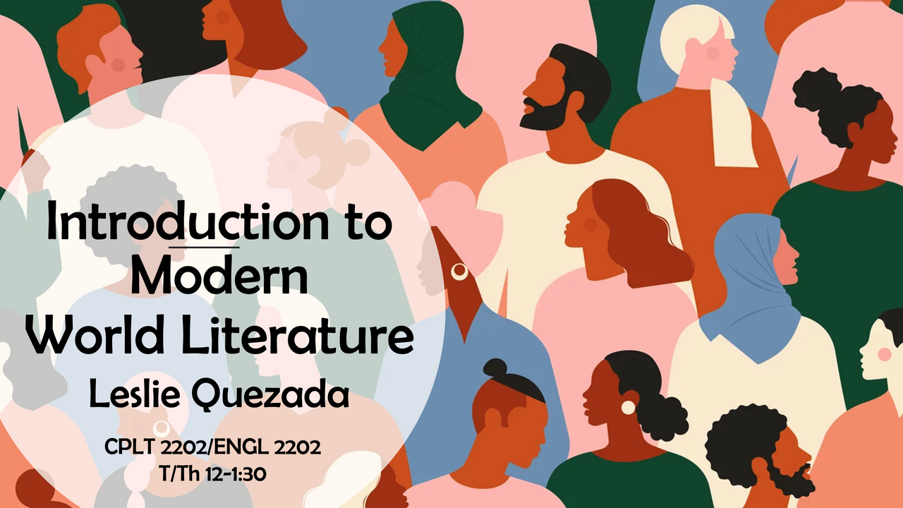 Introduction to Modern World Literature Diversely colored caricatures of people in a large crowd. A semi-transparent roundelet over their heads has information about the course, which is printed below for your convenience